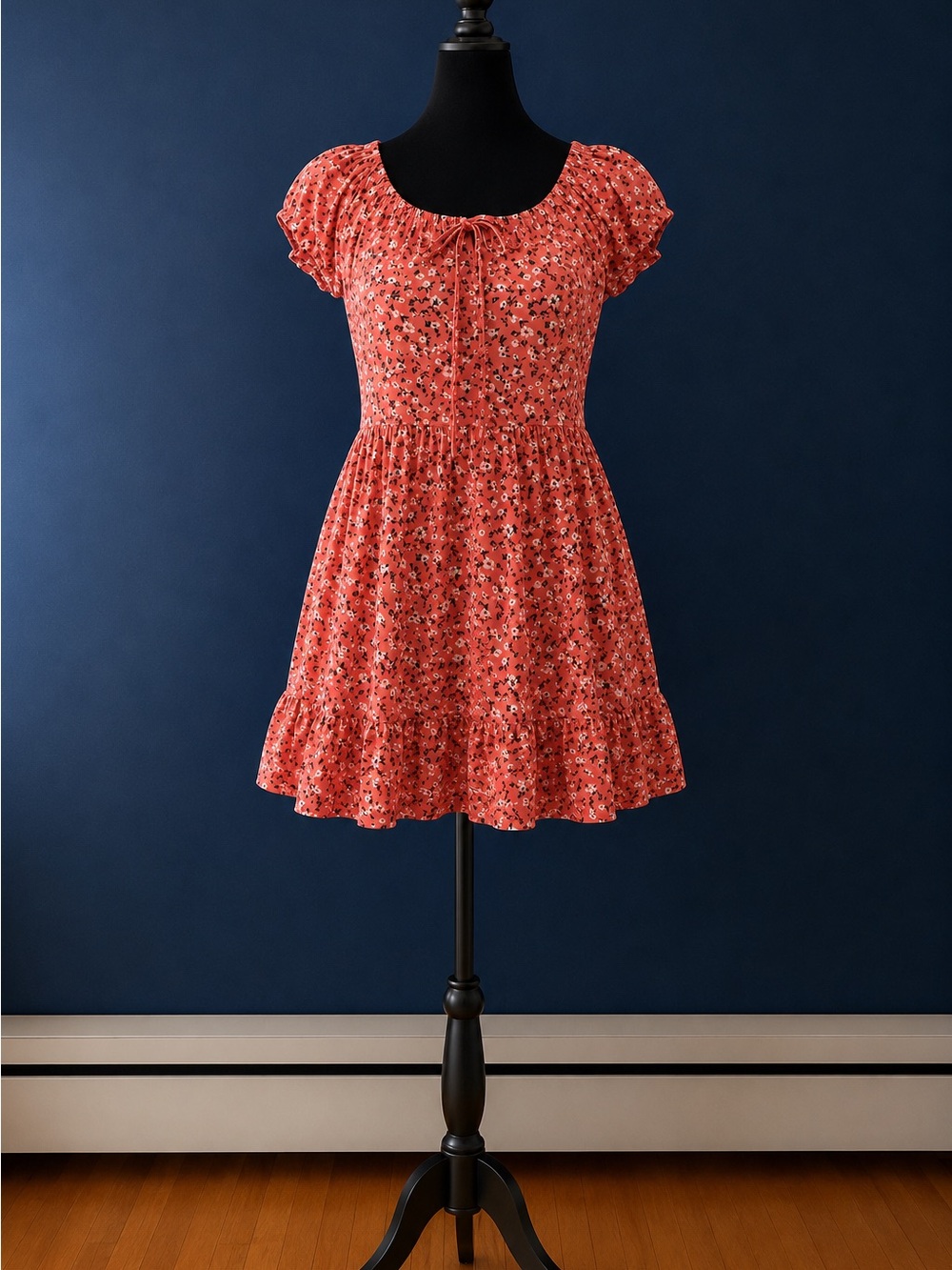 Huhot Coral Floral Short Sleeve Dress